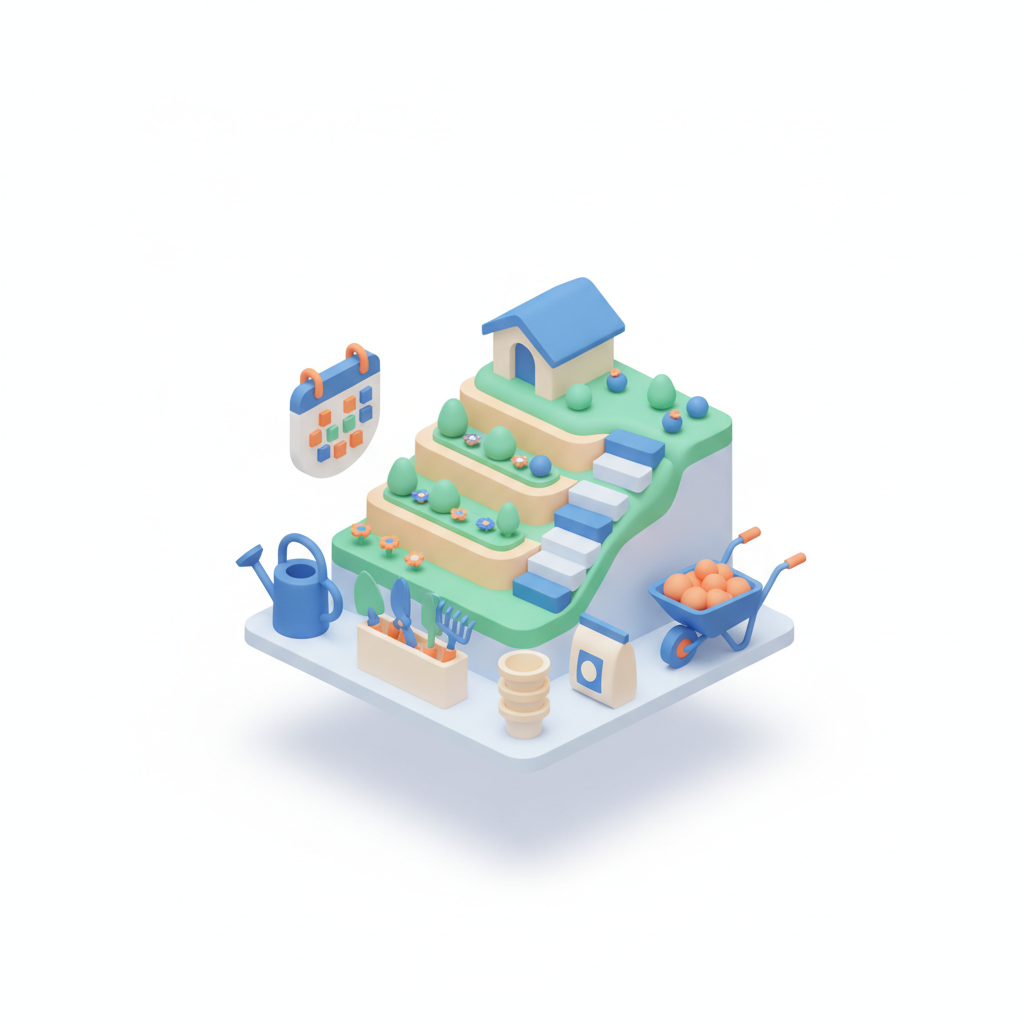 Illustration 3D : Calendrier d'entretien de jardin en pente à Romagnat