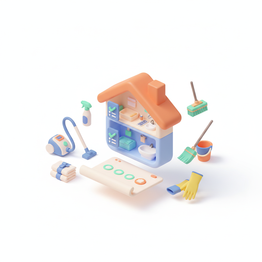 Illustration 3D : Checklist ménage fin de bail à Romagnat: pièces prioritaires