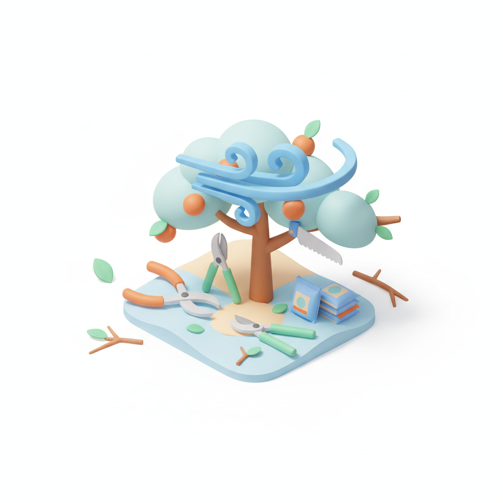 Illustration 3D : Comment élaguer un arbre fruitier exposé au vent à Gerzat
