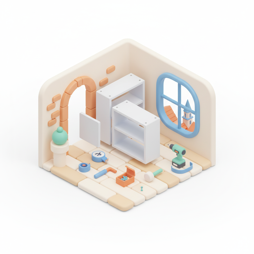 Illustration 3D : Comment monter une bibliothèque Billy IKEA dans une maison ancienne à Riom