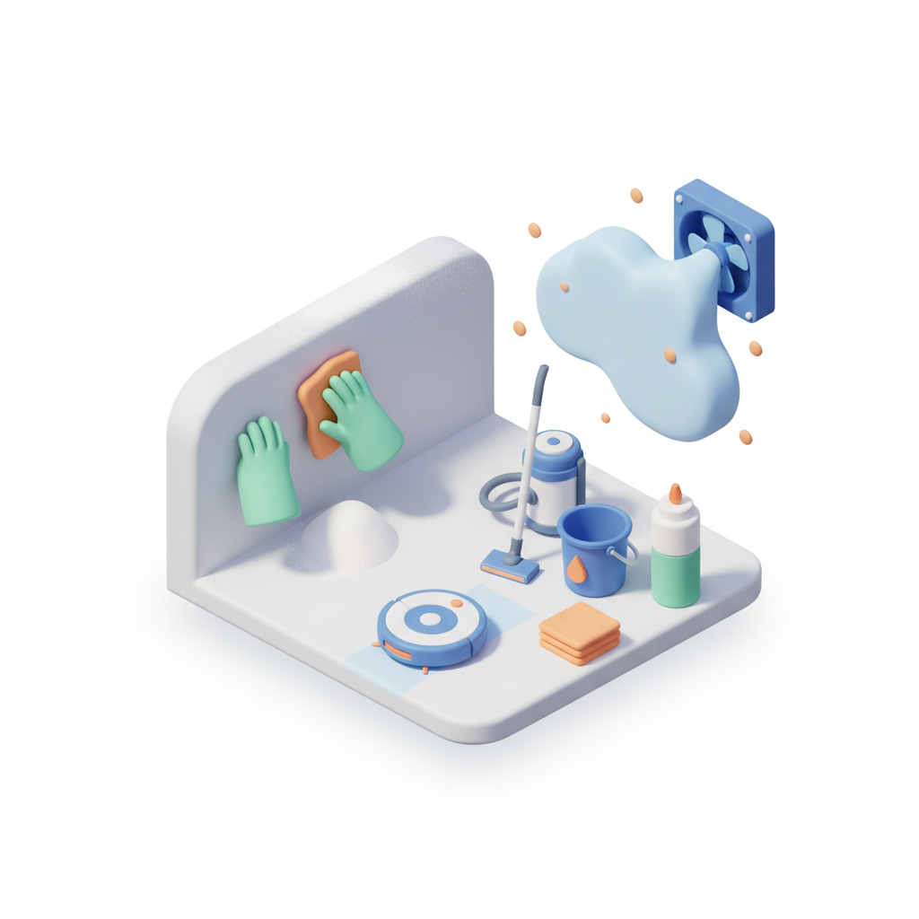 Illustration 3D : Comment nettoyer la poussière de plâtre après travaux à Clermont-Ferrand