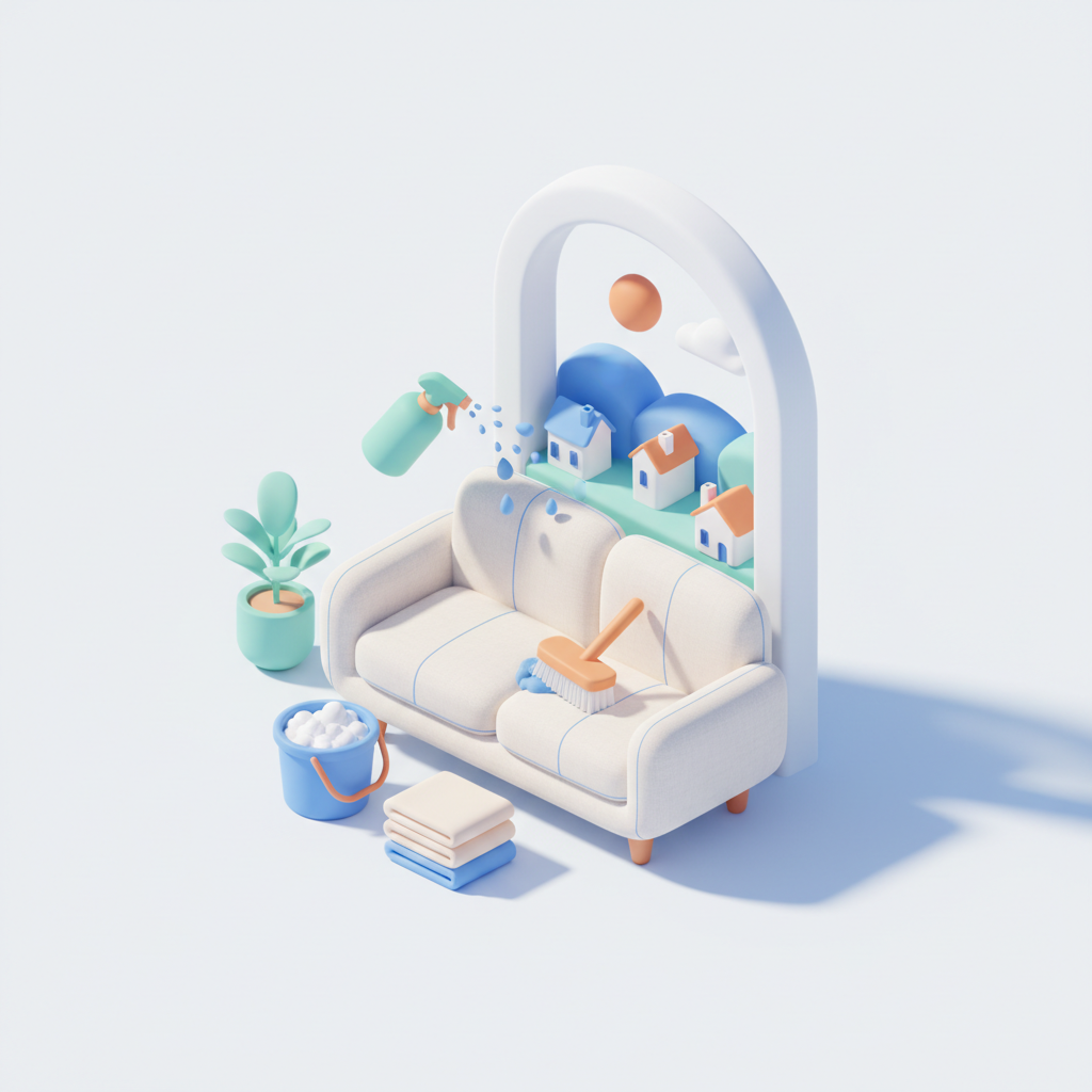 Illustration 3D : Comment nettoyer un canapé en lin dans une maison ensoleillée à Romagnat