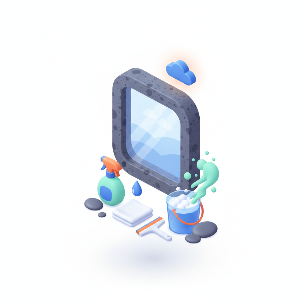 Illustration 3D : Comment nettoyer les vitres en pierre de Volvic sans traces