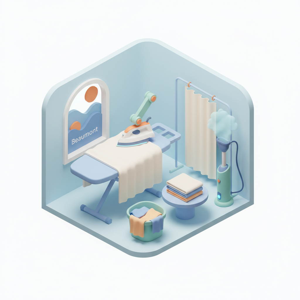 Illustration 3D : Comment repasser des rideaux en lin épais dans une maison à Beaumont