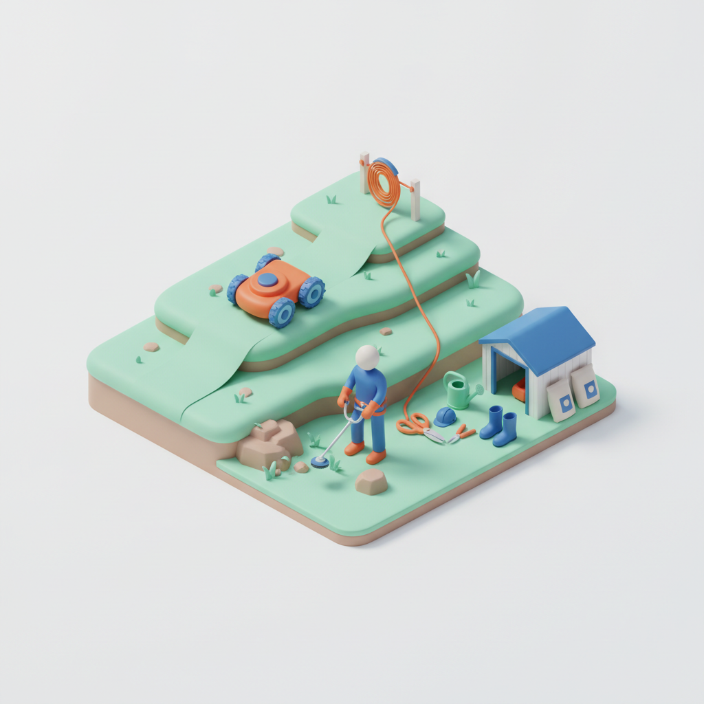 Illustration 3D : Comment tondre une pelouse en pente sur les coteaux de Romagnat sans risque