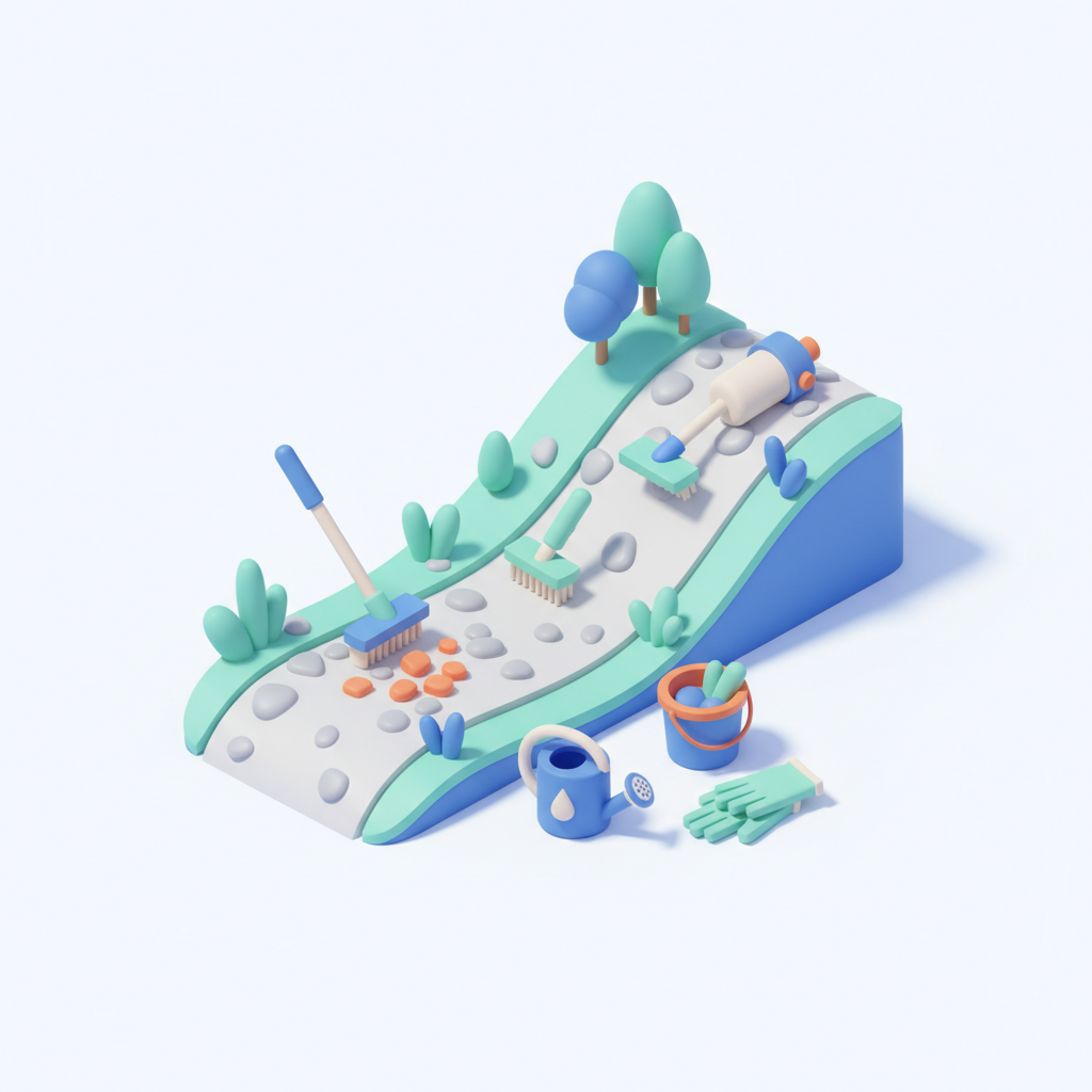 Illustration 3D : Désherber les allées gravillonnées en pente à Romagnat sans chimie