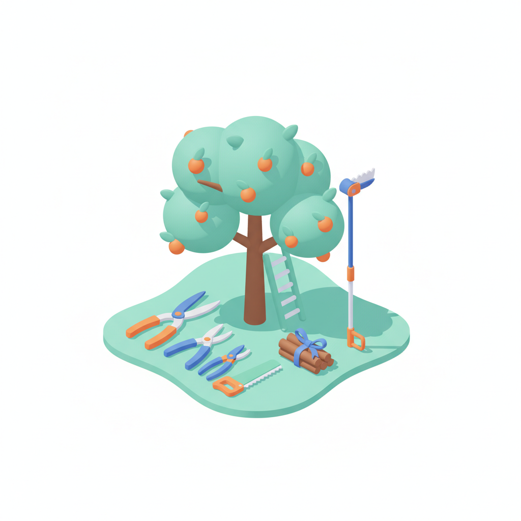 Illustration 3D : Élaguer un arbre fruitier adulte à Beaumont: hauteur, outils et tarifs