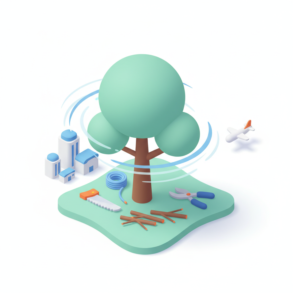 Illustration 3D : Élaguer un arbre isolé en zone venteuse à Aulnat