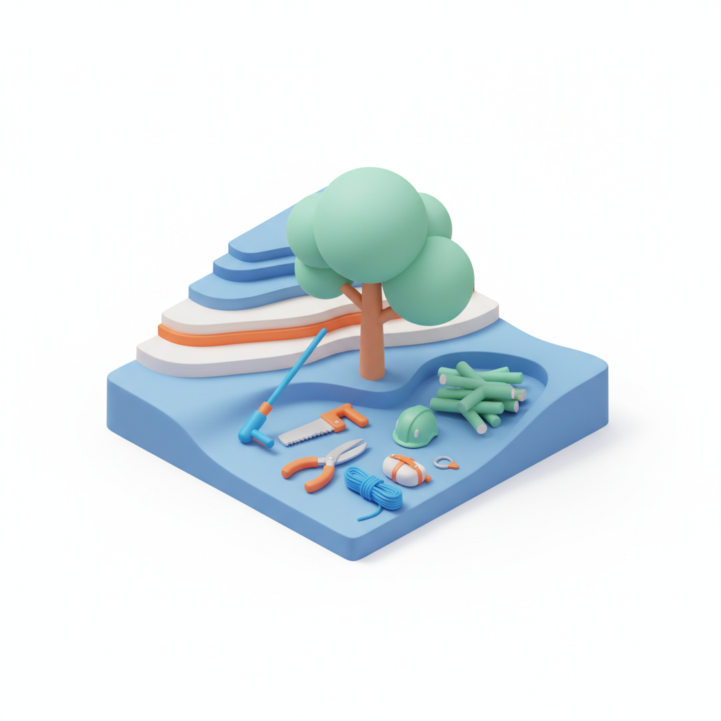 Illustration 3D : Élaguer un arbre d'ornement en pente sur les coteaux de Romagnat : techniques et sécurité