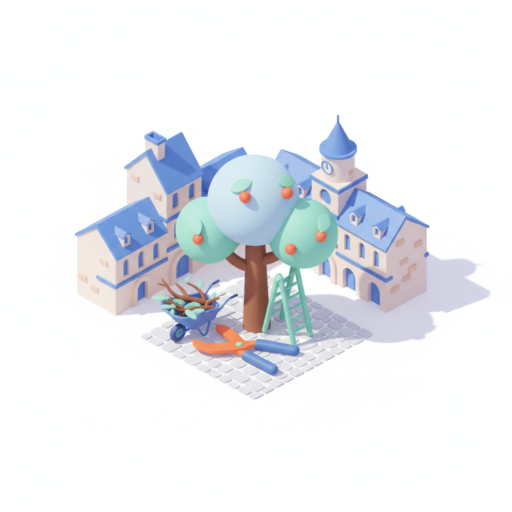 Illustration 3D : Élaguer un cerisier dans le centre historique de Riom : période et technique