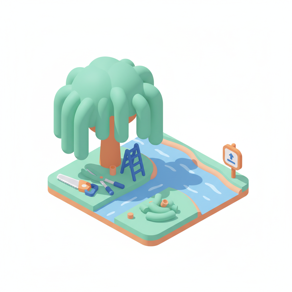 Illustration 3D : Élaguer un saule pleureur près de l'Allier à Pont-du-Château : hauteur légale et bonnes pratiques