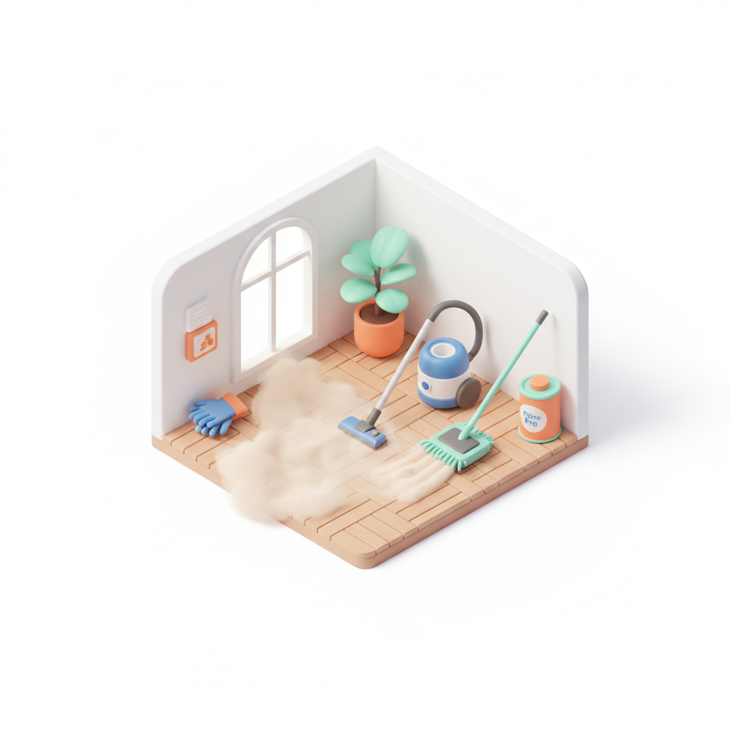 Illustration 3D : Éliminer la poussière de ponçage sur parquet après rénovation