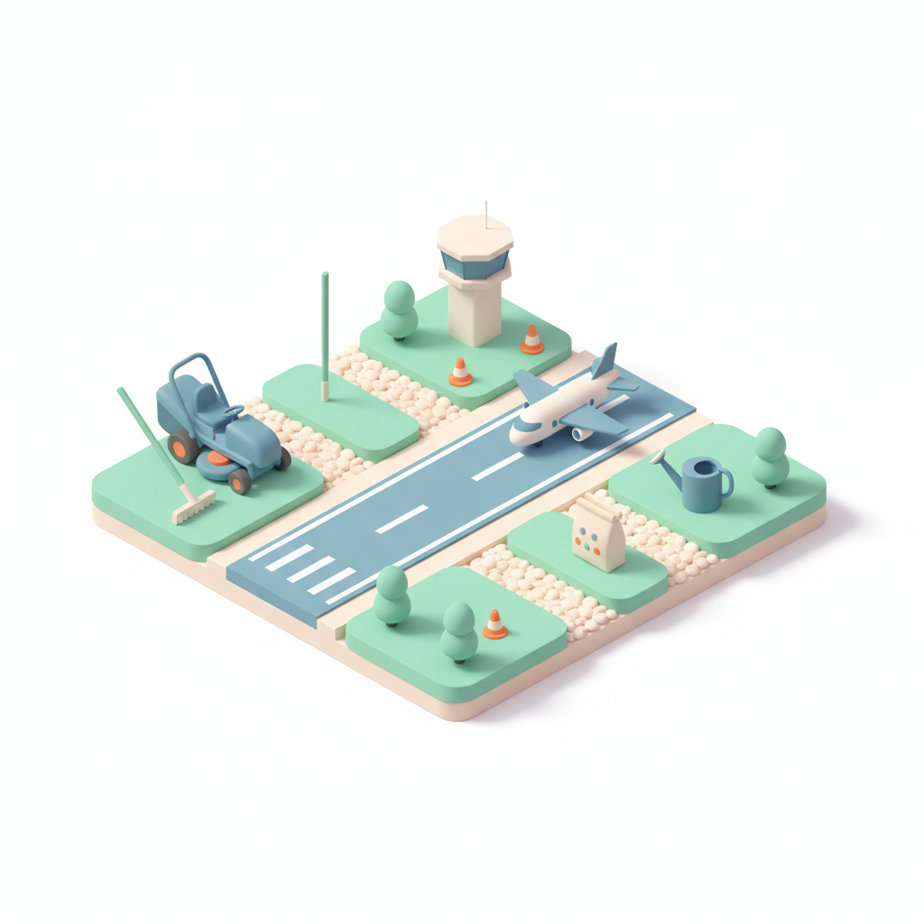 Illustration 3D : Entretenir sa pelouse en zone aéroportuaire à Aulnat
