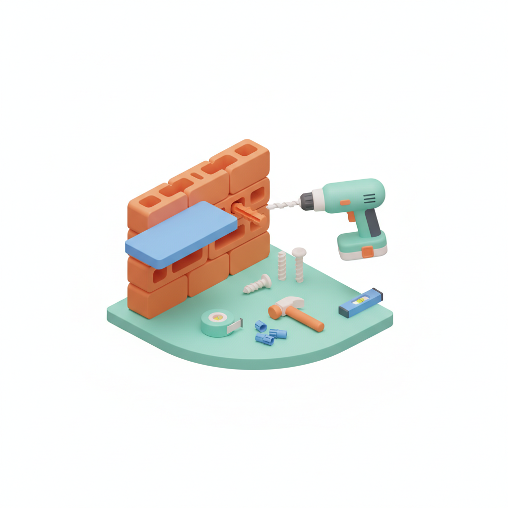 Illustration 3D : Comment fixer une étagère dans un mur en brique creuse à Pont-du-Château