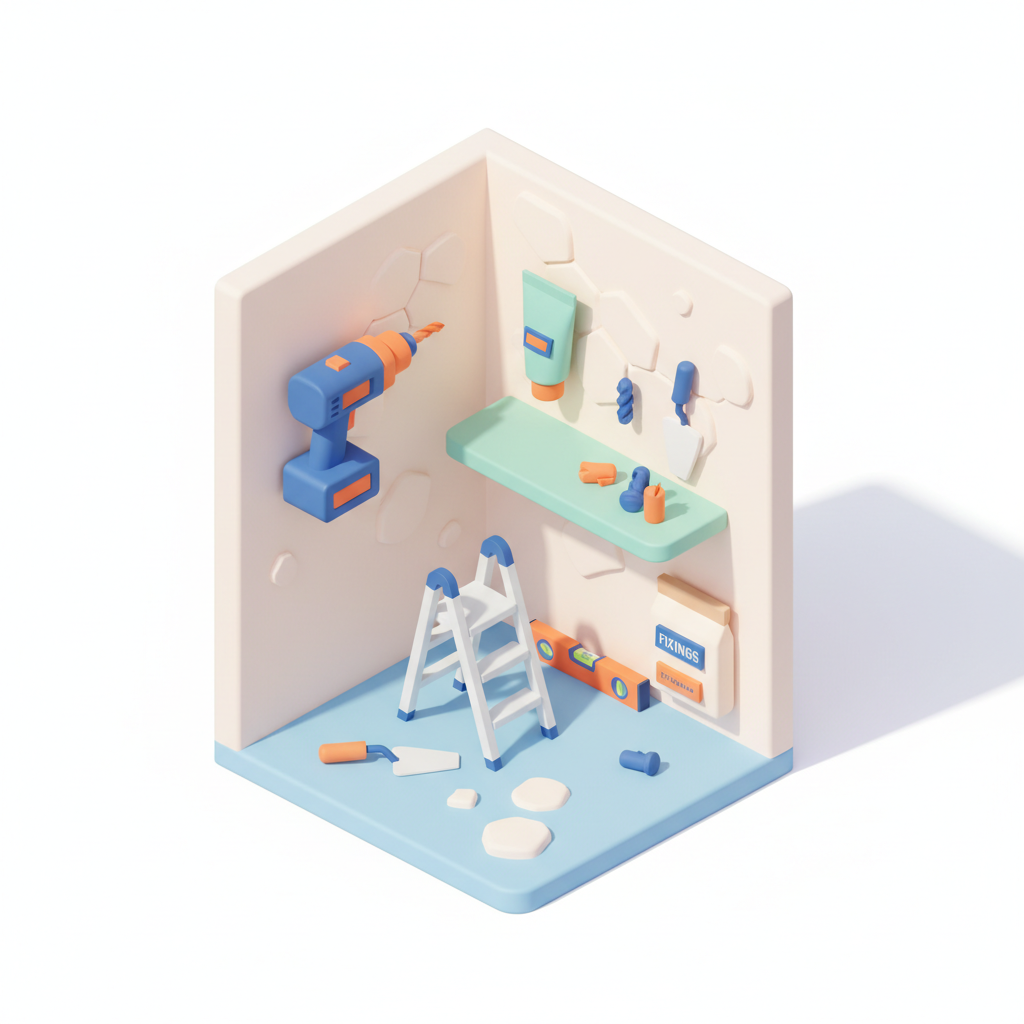 Illustration 3D : Comment fixer une étagère sur mur en plâtre ancien à Chamalières