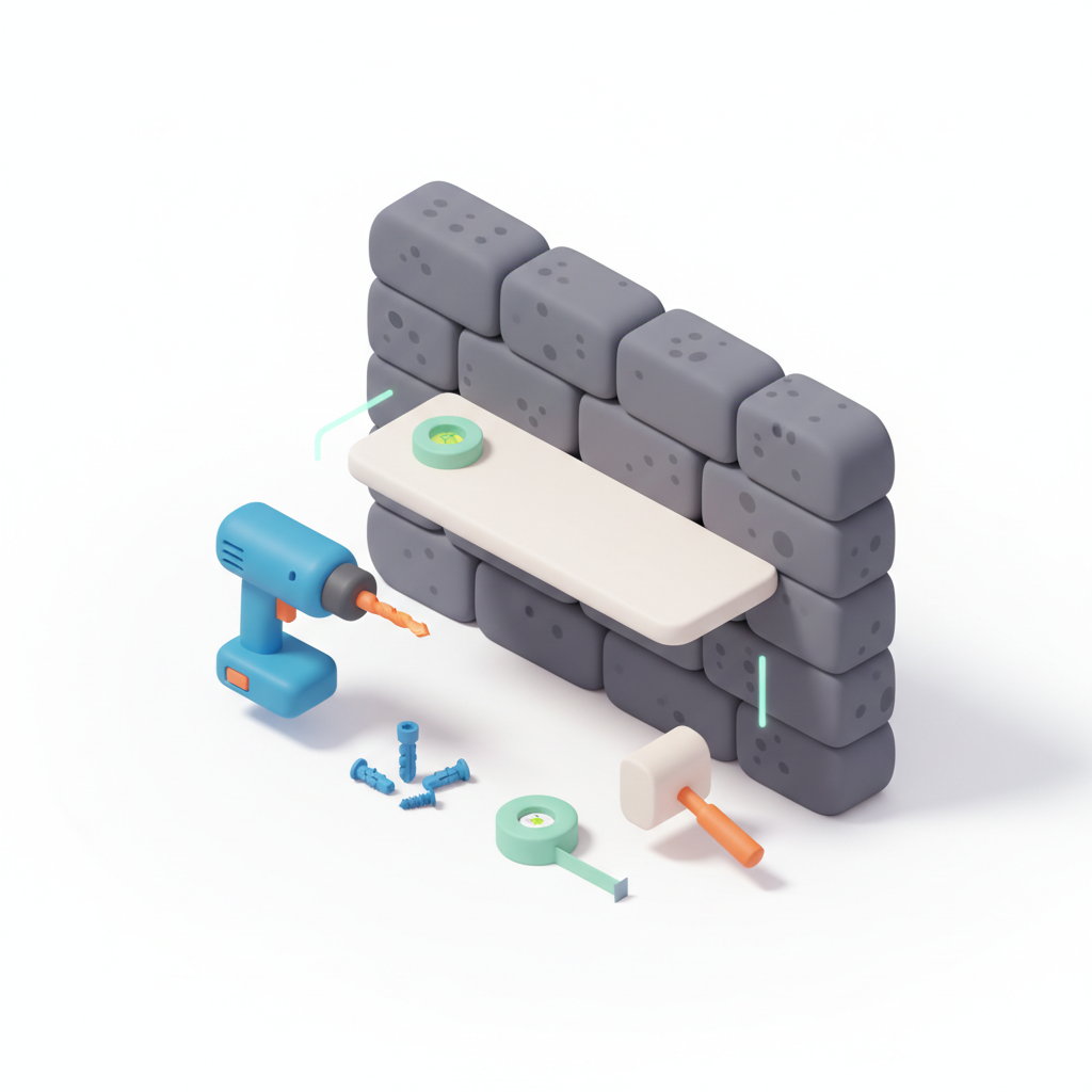 Illustration 3D : Comment fixer une étagère murale sur pierre de Volvic