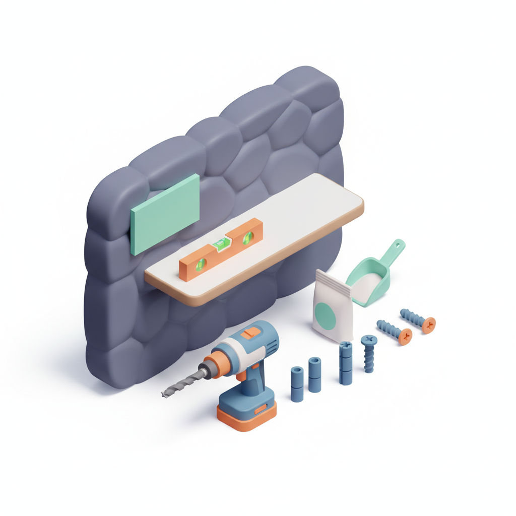 Illustration 3D : Comment fixer une étagère murale sur pierre de Volvic à Riom