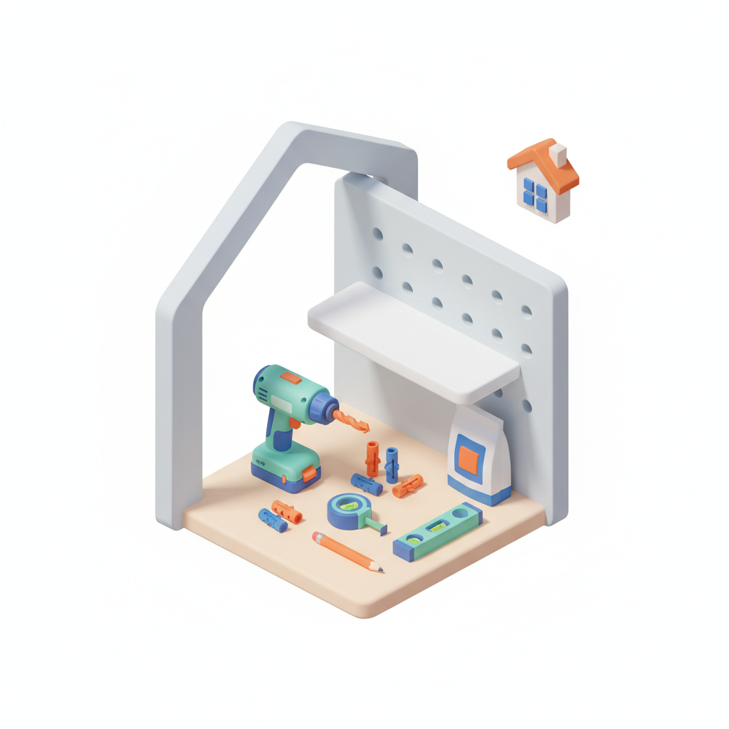 Illustration 3D : Comment fixer une étagère murale sur placo dans une maison à Beaumont