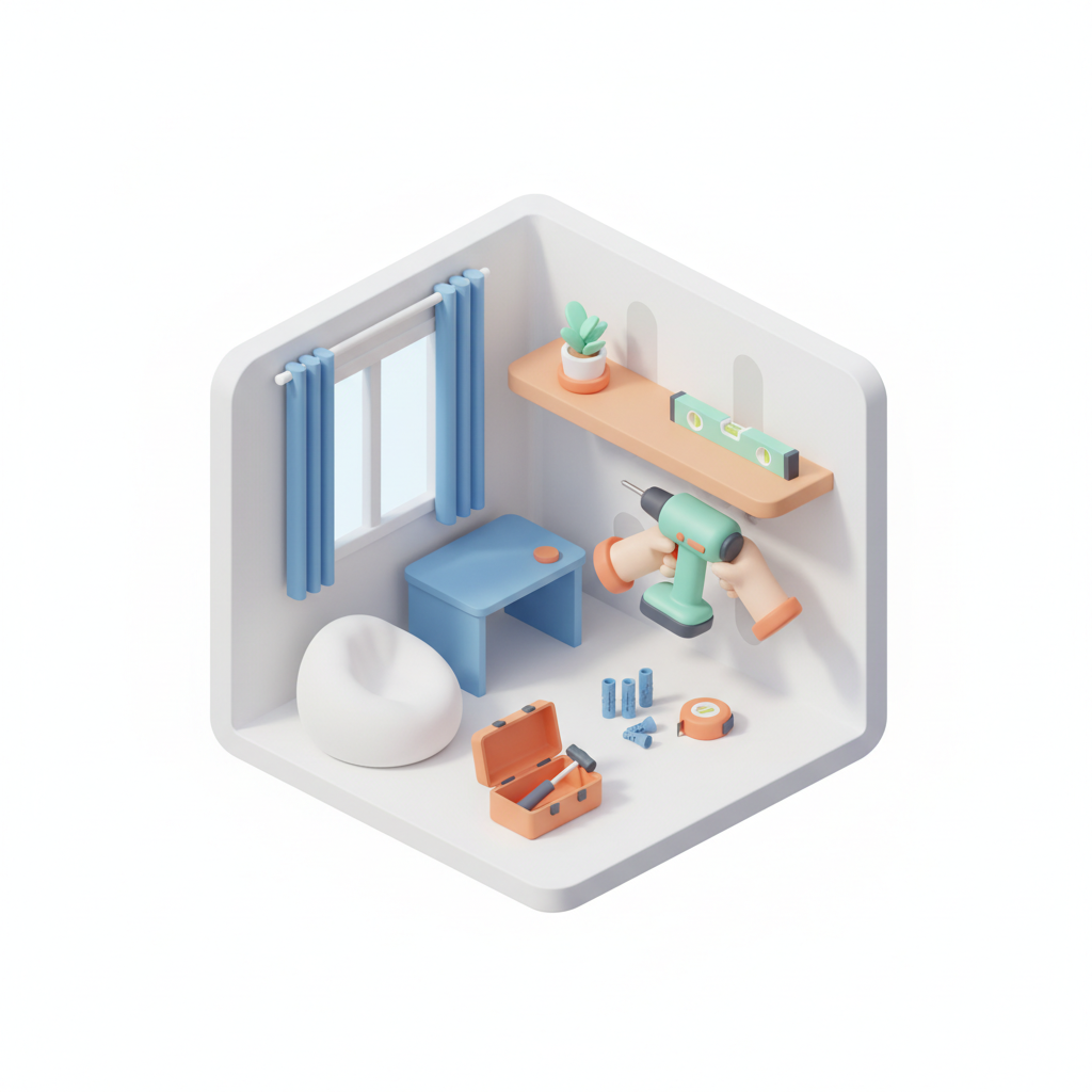 Illustration 3D : Comment fixer une étagère murale sur placo dans un studio étudiant à Aubière