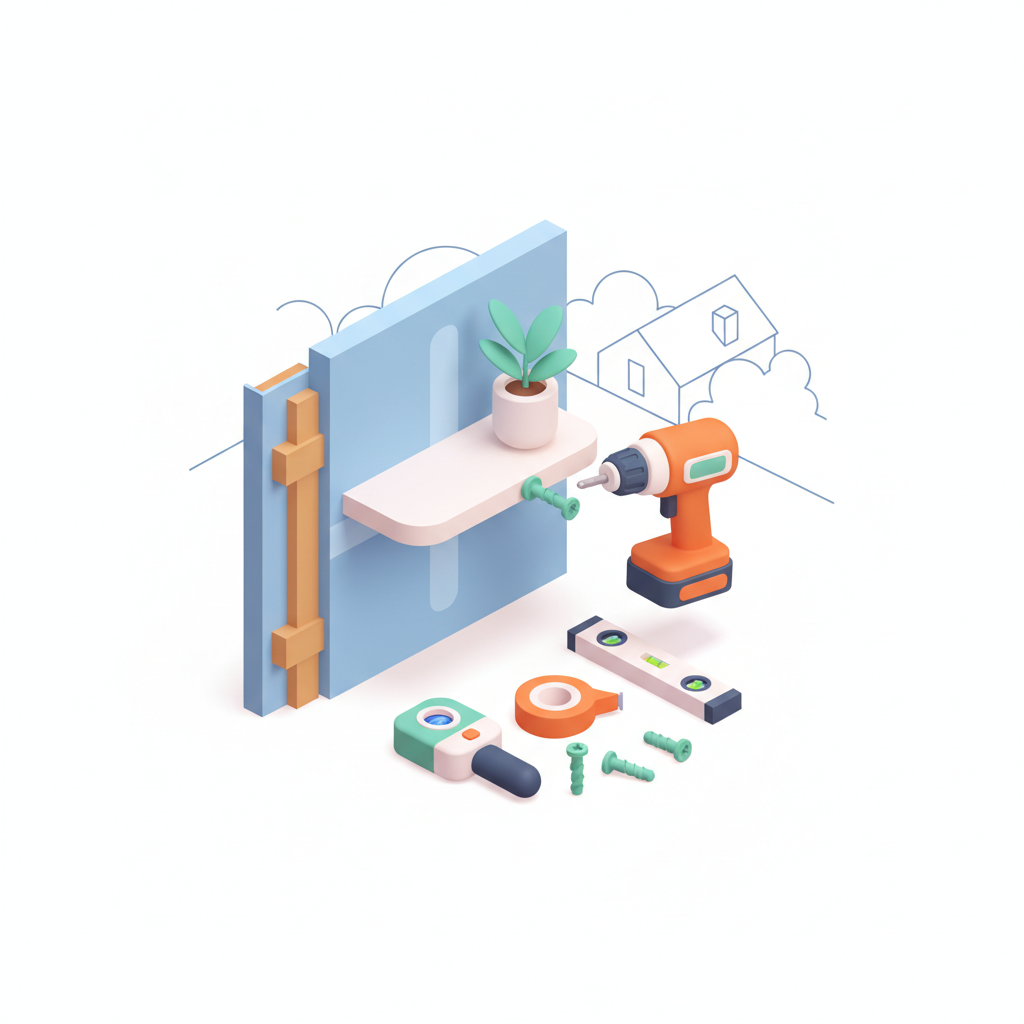 Illustration 3D : Comment fixer une étagère sur du placo dans une maison récente à Cournon-d'Auvergne