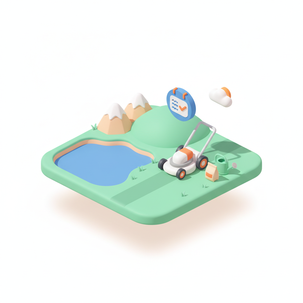 Illustration 3D : Quelle fréquence de tonte pour pelouse près du lac de Cournon