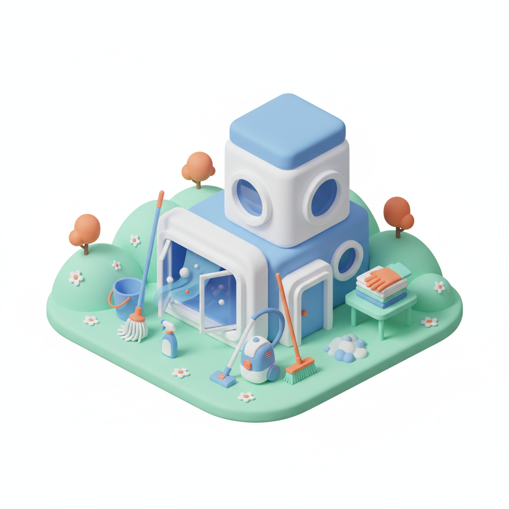 Illustration 3D : Grand ménage de printemps dans une maison sur les coteaux de Romagnat