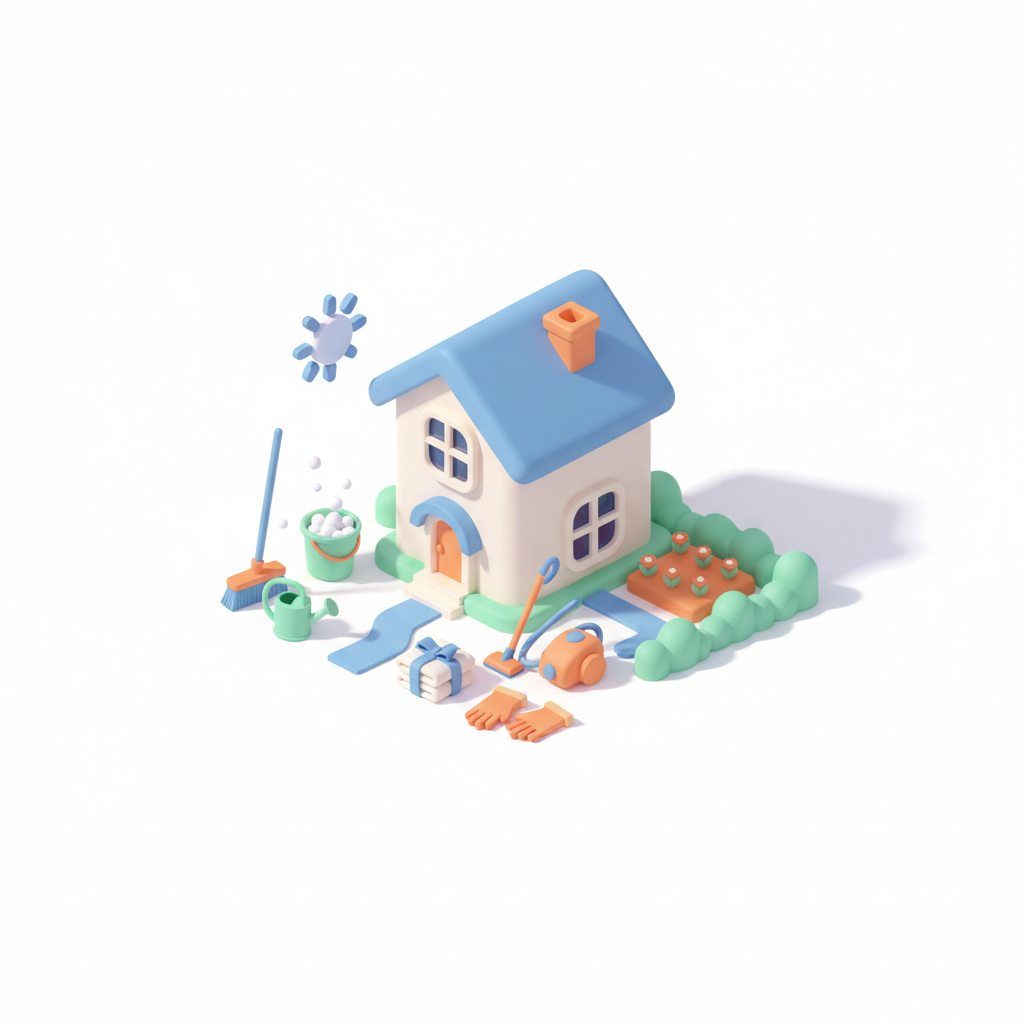 Illustration 3D : Grand ménage de printemps maison avec jardin à Beaumont