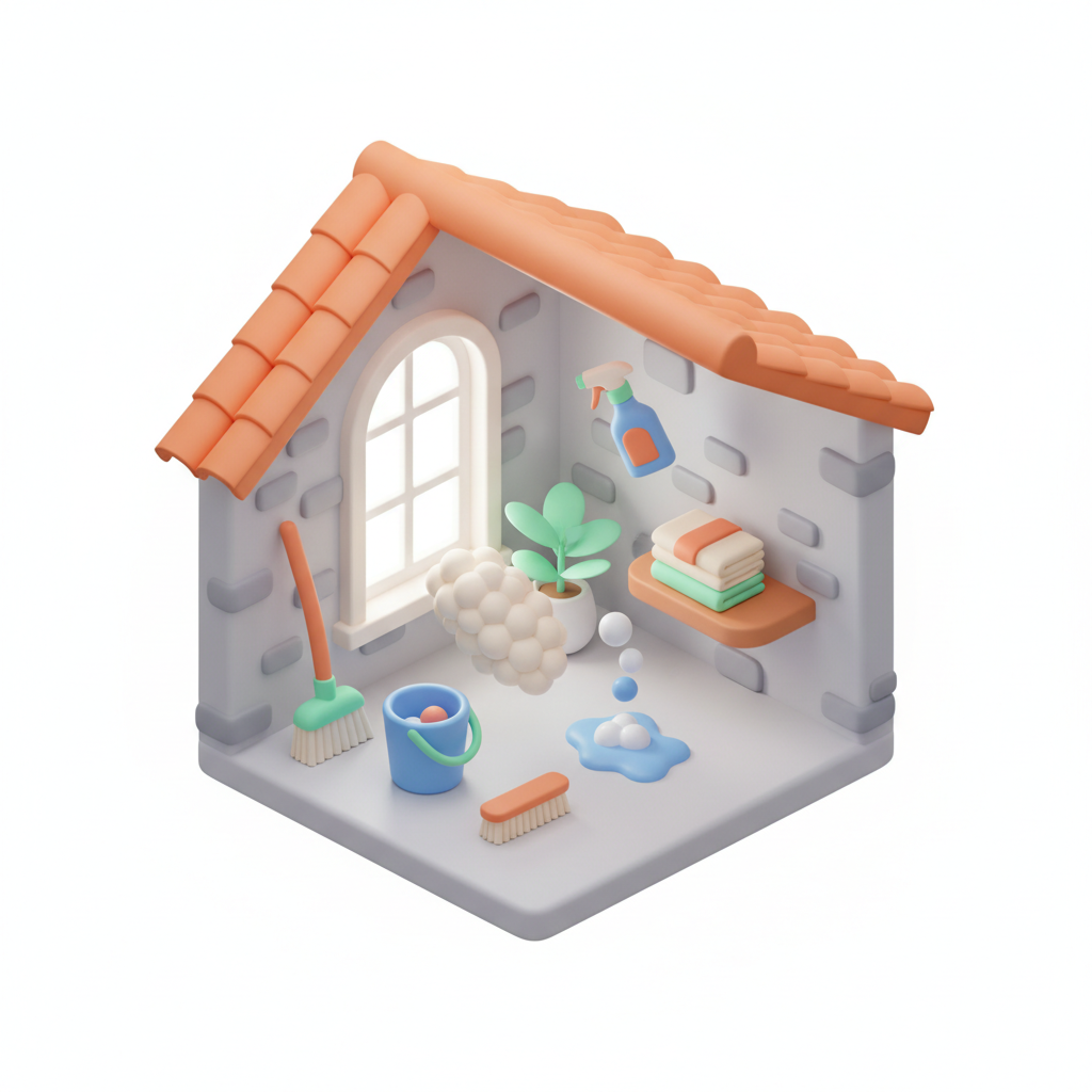 Illustration 3D : Grand ménage de printemps dans une maison en pierre à Riom