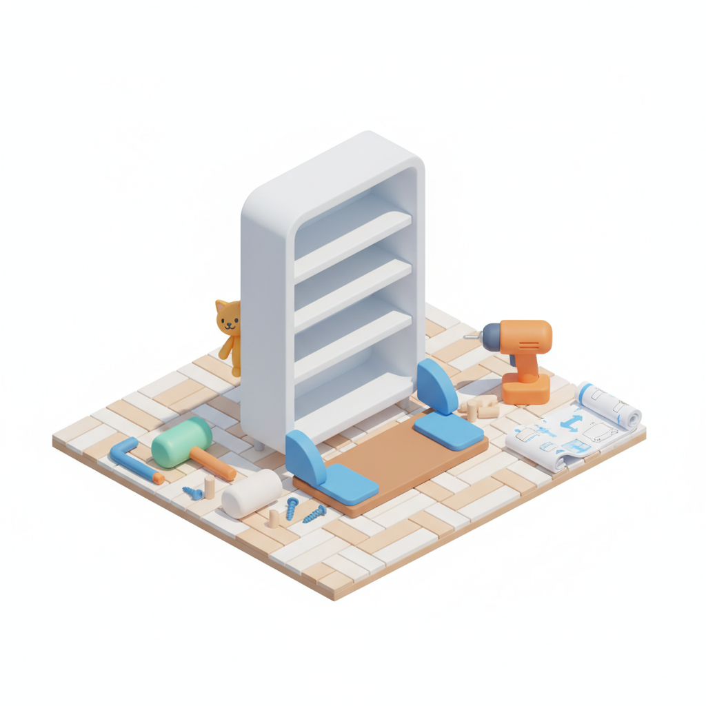 Illustration 3D : Comment monter une bibliothèque Billy IKEA sur parquet flottant à Aubière