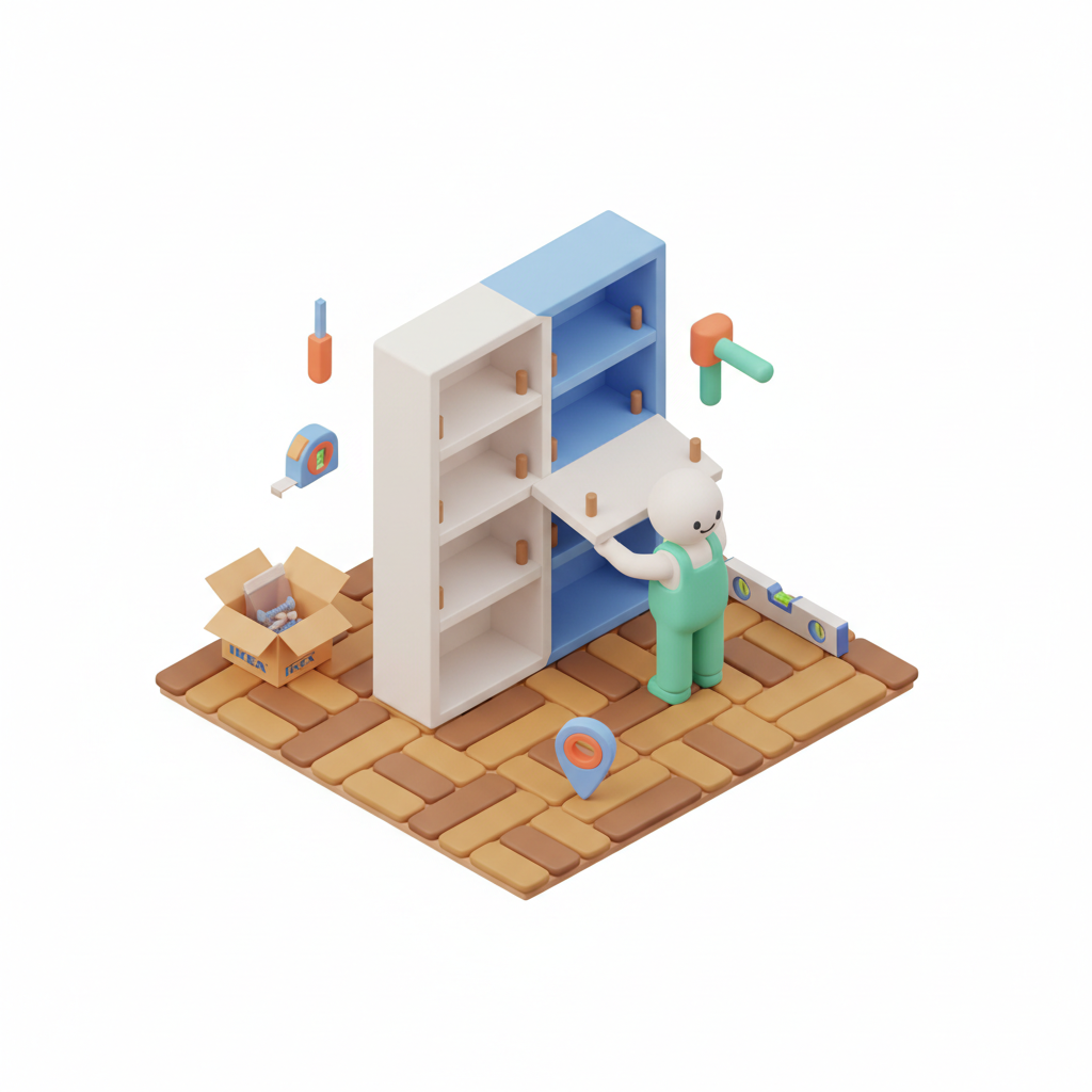 Illustration 3D : Comment monter une bibliothèque IKEA Billy sur parquet ancien à Chamalières