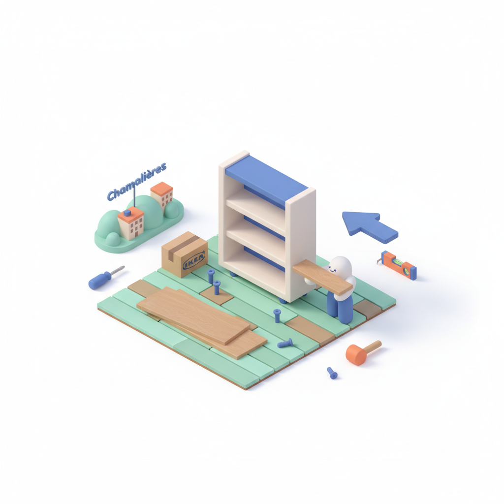 Illustration 3D : Comment monter une bibliothèque IKEA Billy sur parquet ancien à Chamalières