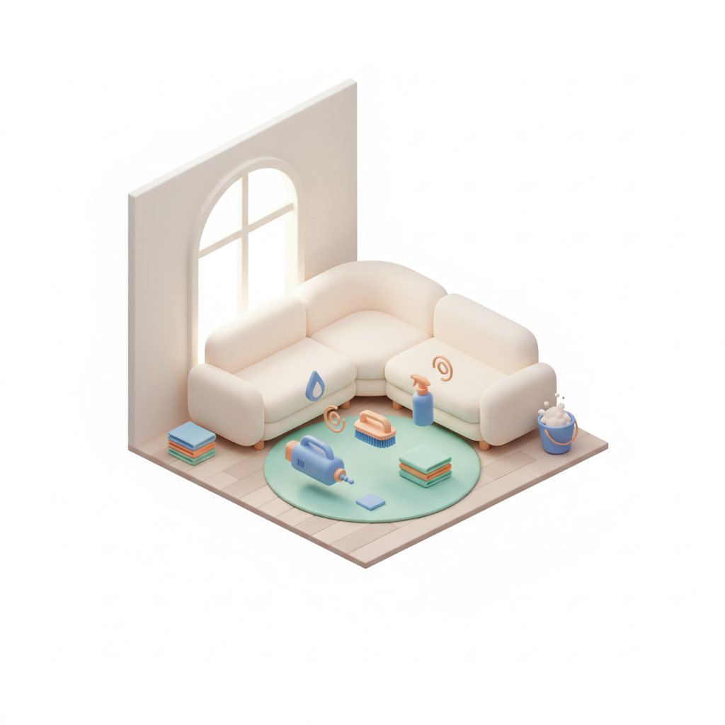 Illustration 3D : Comment nettoyer un canapé d'angle dans un salon lumineux à Beaumont