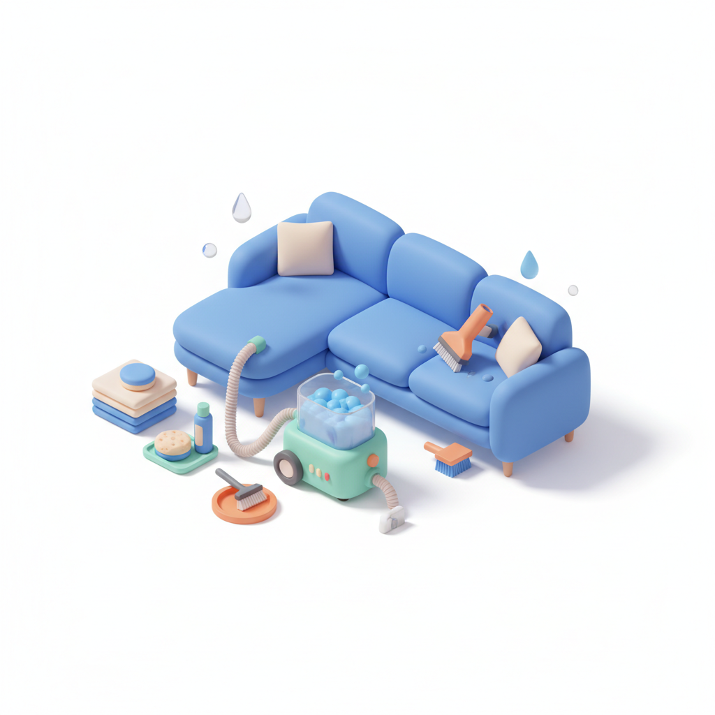 Illustration 3D : Comment nettoyer un canapé d'angle en tissu sans balcon