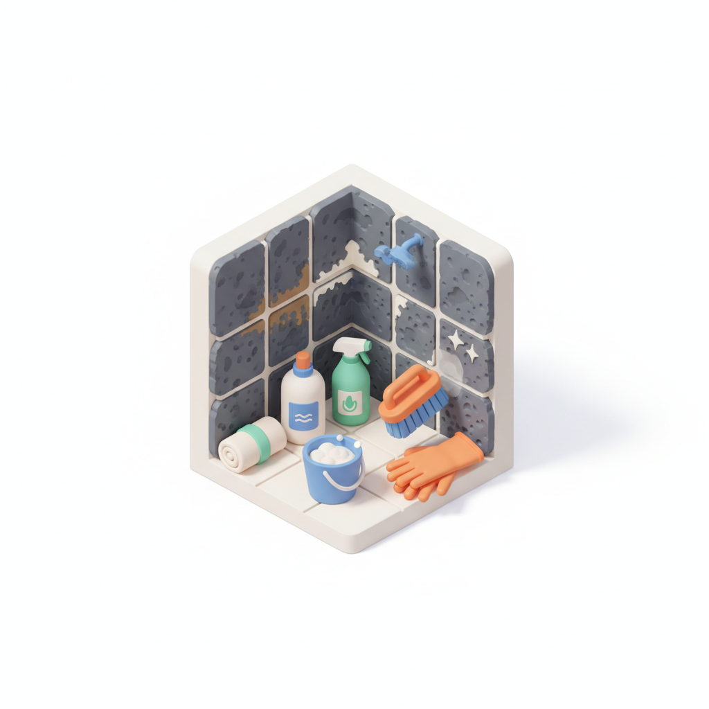Illustration 3D : Comment nettoyer les joints de pierre de Volvic dans une salle de bain à Riom