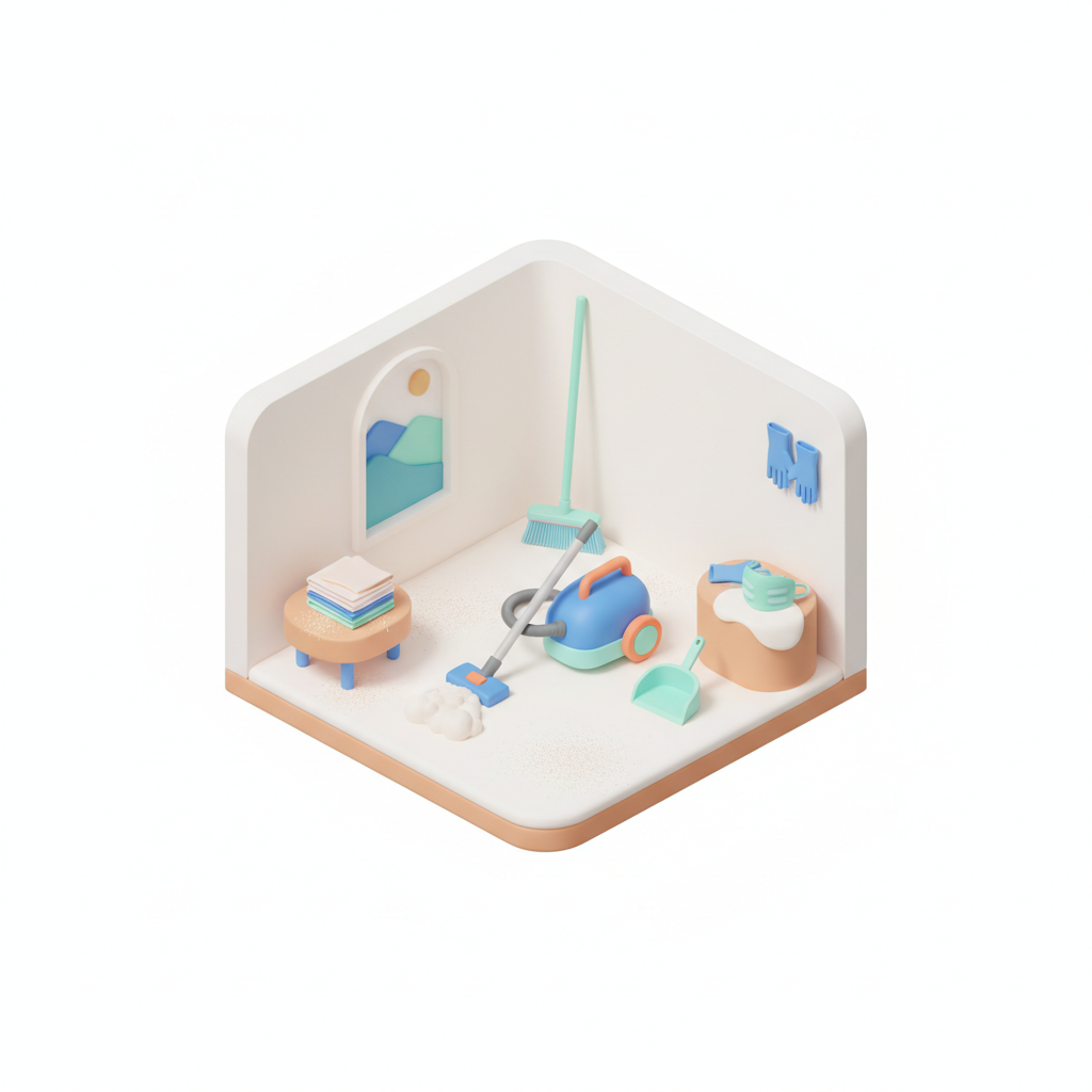 Illustration 3D : Nettoyer la poussière de plâtre après travaux dans une maison à Riom