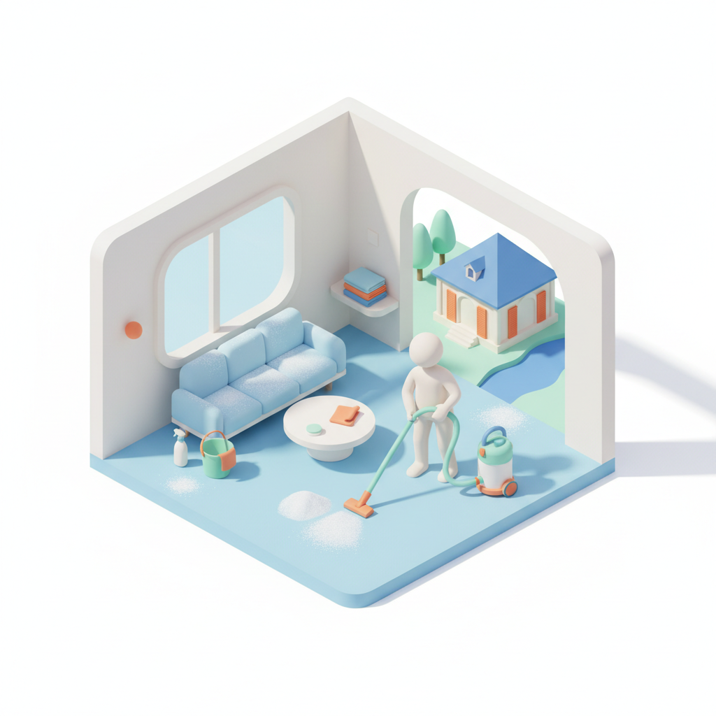 Illustration 3D : Nettoyer la poussière de plâtre après travaux dans un pavillon à Romagnat