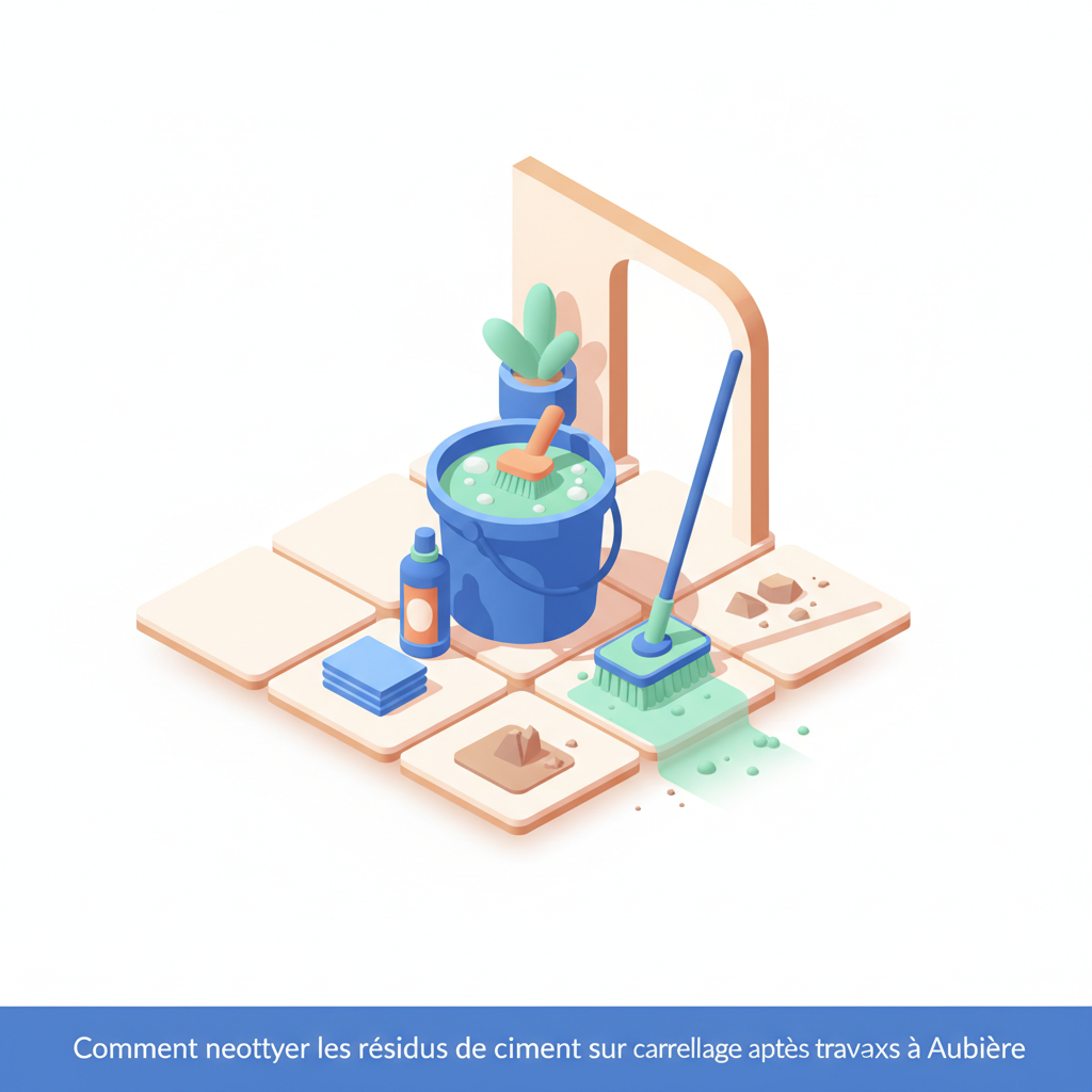 Illustration 3D : Comment nettoyer les résidus de ciment sur carrelage après travaux à Aubière