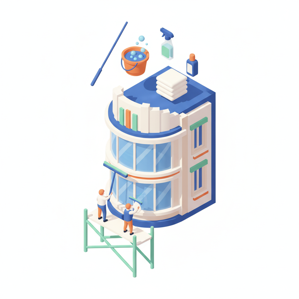 Illustration 3D : Comment nettoyer les vitres en bow-window d'un immeuble Art Déco à Chamalières
