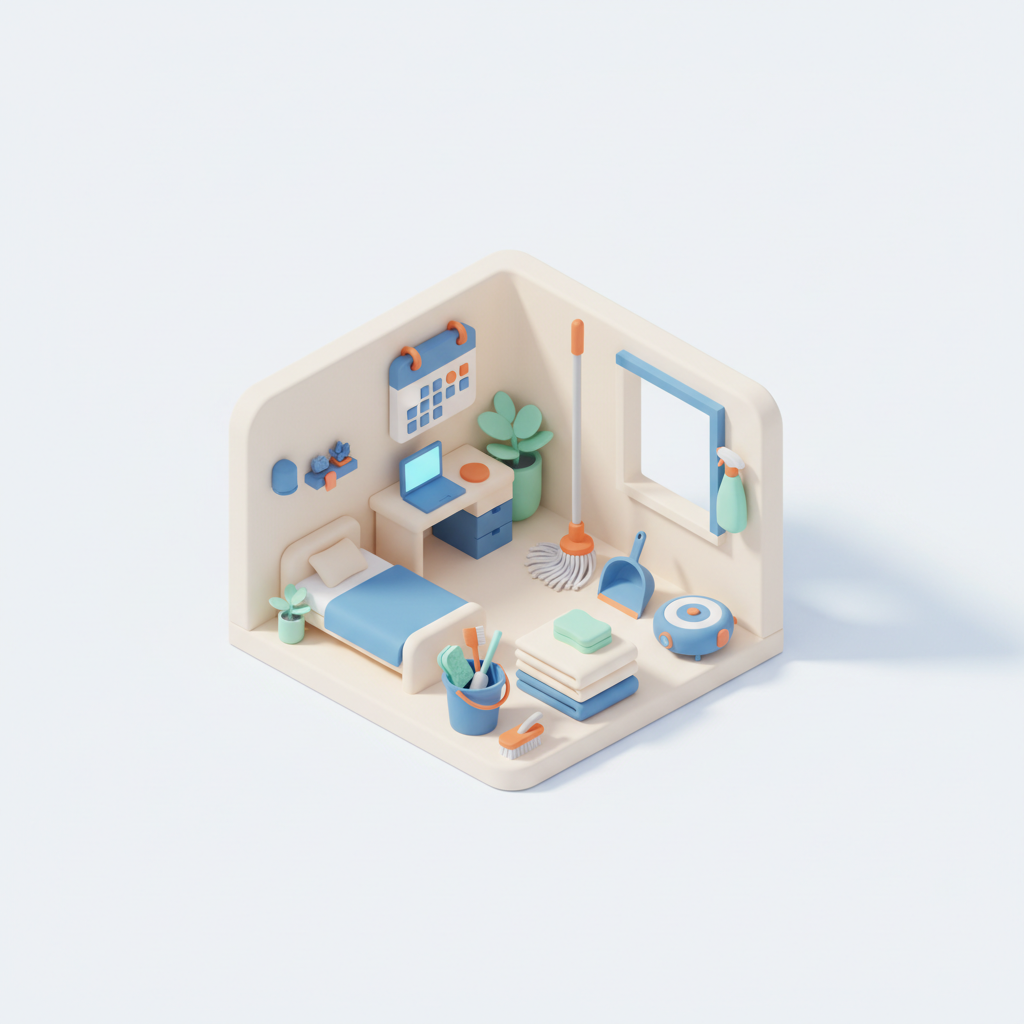 Illustration 3D : Comment organiser un grand ménage de printemps dans un studio étudiant à Aubière