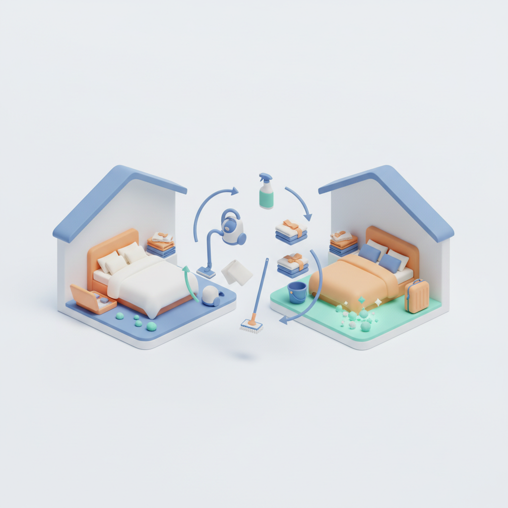 Illustration 3D : Comment organiser le ménage entre deux locations Airbnb à Romagnat