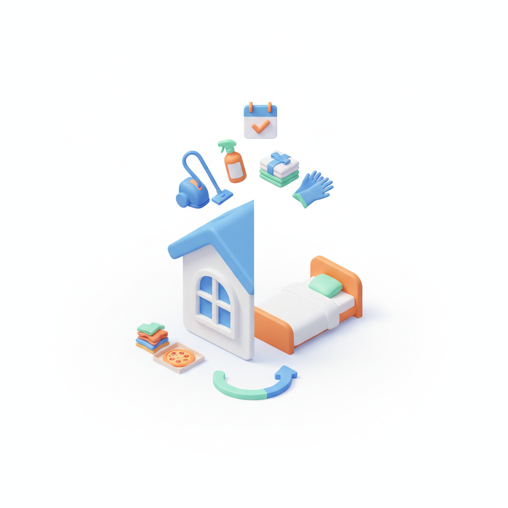 Illustration 3D : Comment organiser le ménage entre 2 locataires Airbnb à Aubière