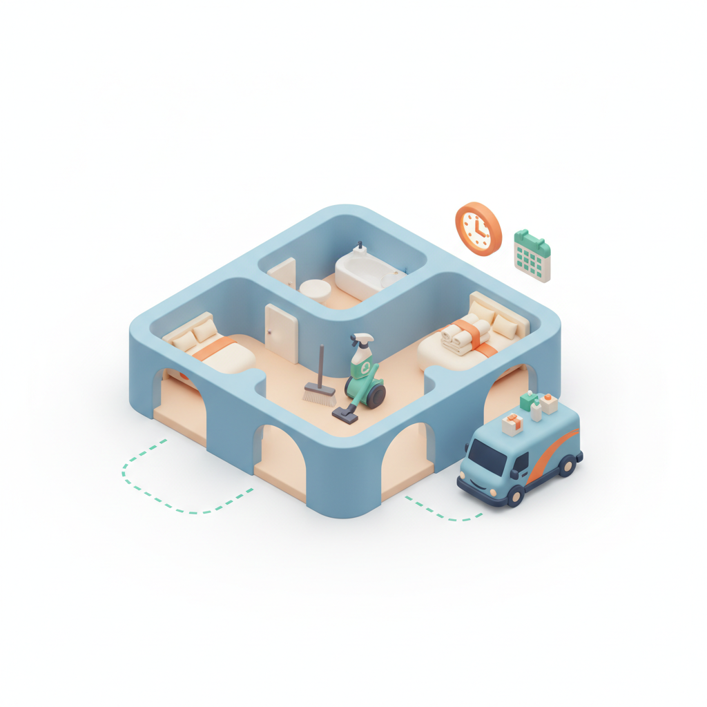 Illustration 3D : Organiser le ménage express entre deux locations Airbnb à Cournon