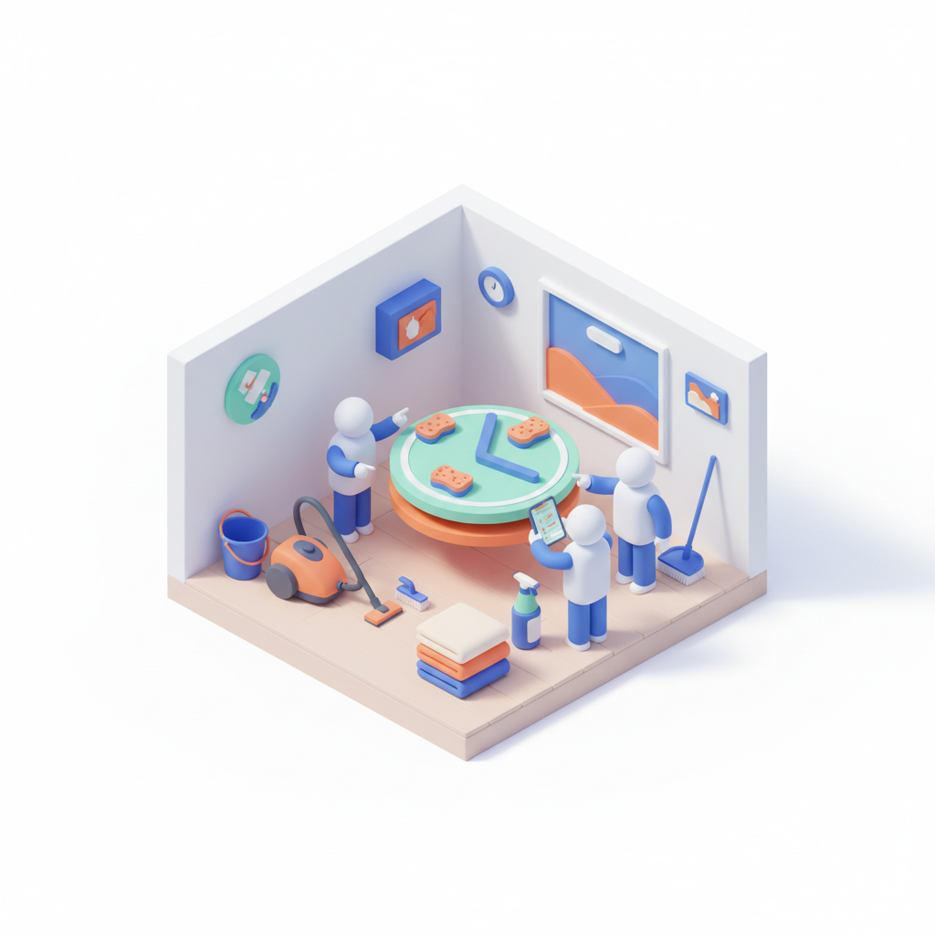 Illustration 3D : Organiser un ménage hebdomadaire en colocation étudiante à Aubière