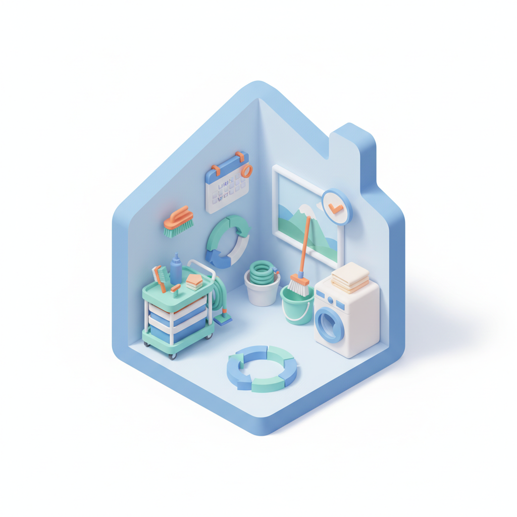 Illustration 3D : Organiser un ménage hebdomadaire efficace dans un logement à Riom