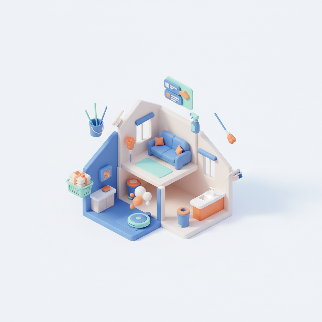 Illustration 3D : Organiser un ménage hebdomadaire efficace dans une maison à Beaumont