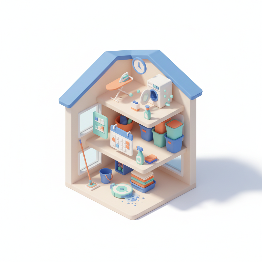 Illustration 3D : Organiser un ménage hebdomadaire efficace dans une maison à étages à Romagnat