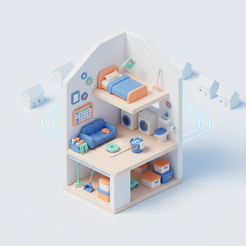 Illustration 3D : Organiser un ménage hebdomadaire efficace dans un pavillon à Aulnat
