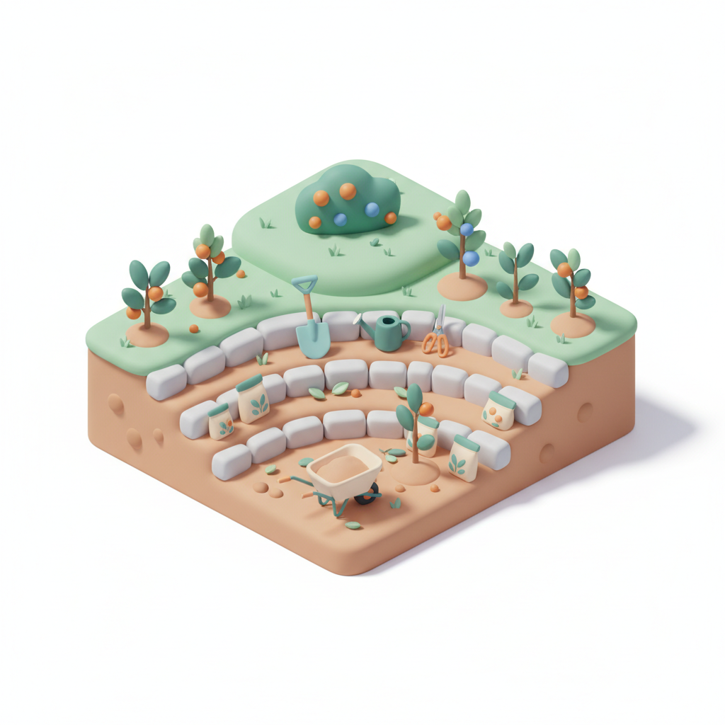 Illustration 3D : Planter des arbustes fruitiers en terrain pentu à Romagnat