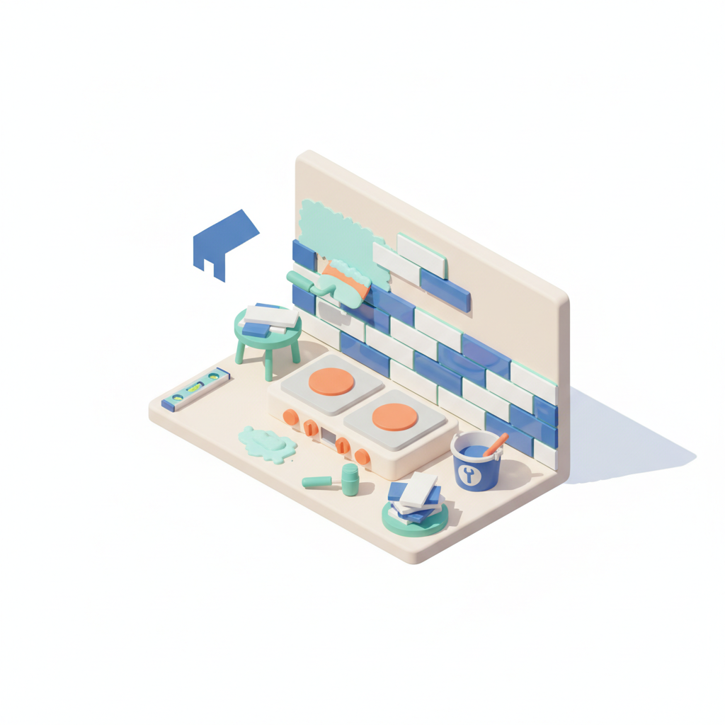 Illustration 3D : Poser une crédence en carrelage métro derrière plaques de cuisson à Aubière
