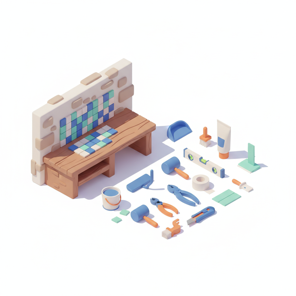 Illustration 3D : Poser une crédence en carrelage mosaïque dans une cuisine ancienne à Chamalières